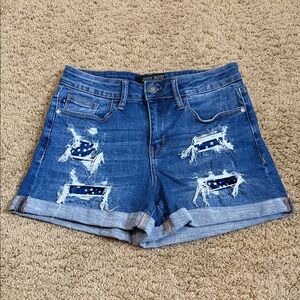 Judy Blue Medium Blue Distressed Star-Patch Rolled Hem Denim Shorts